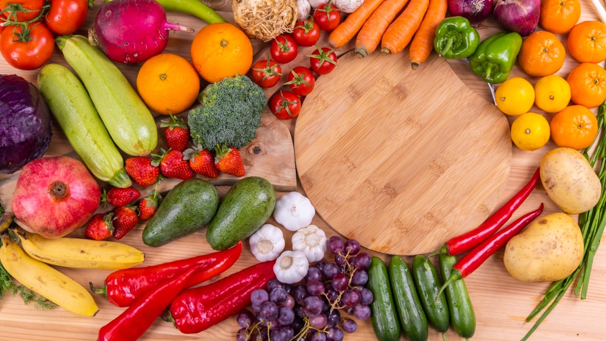 healthy, fresh, raw vegetables and fruits